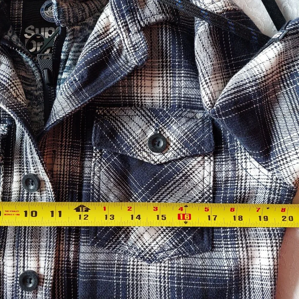 Superdry Everest Edition Plaid Hooded Shirt Jacket Men's S Blue Flannel - Picture 10 of 10